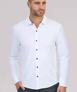 Long Sleeve Button Down Polo Contrast // White Navy Stitch