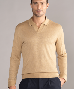 Long Sleeve Sweater Polo Solid // Camel